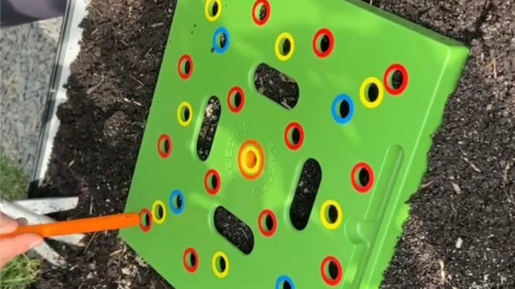 Green Square with holes used to space and plant seeds