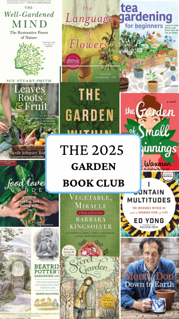 A collage of the 12 book covers for the 2025 Garden Book Club selections