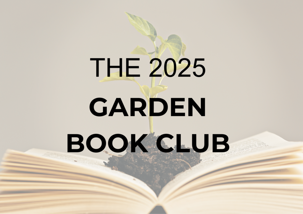 A plant inside the middle of an open book for the 2025 Garden Book Club Instructions