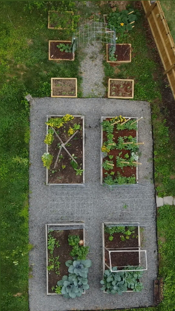 “Aerial view of our garden showing old wooden raised beds before upgrading to Birdies beds.”