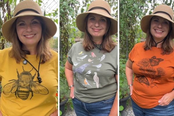 Three photos of same woman smiling and  in a yellow, green, and orange shirt with nature 