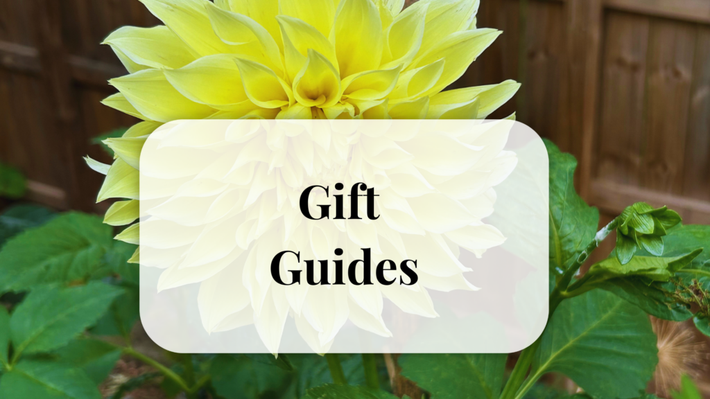 Yellow Dahlia flower with the words gift guide overlayed